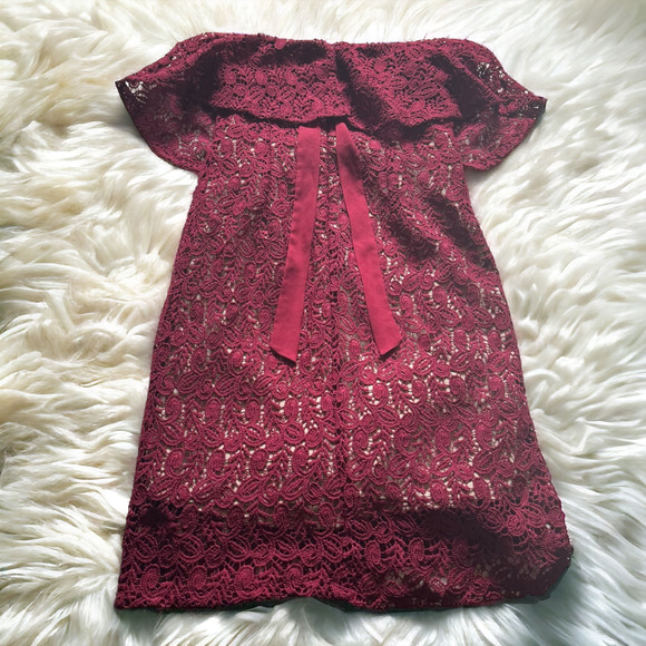 Moon River Strapless Ruffle Lace Dress in Burgundy Wine / Nude - Picture 5 of 8